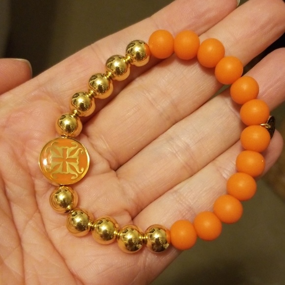 Rustic Cuff orange and gold beaded bracelet - Picture 3 of 3